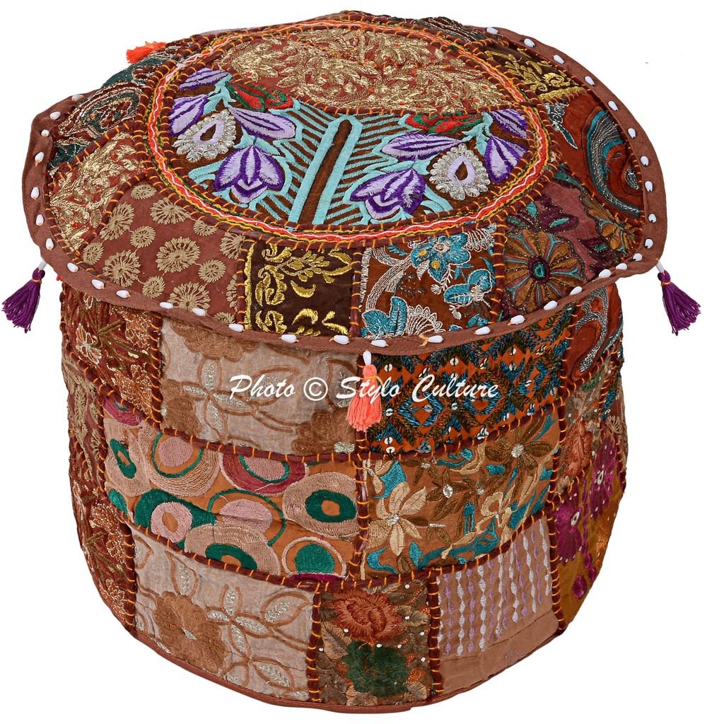 Indian Pouf Cover Cotton Patchwork Embroidered Ottoman Brown Floral Pouffe Seating