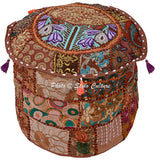Indian Pouf Cover Cotton Patchwork Embroidered Ottoman Brown Floral Pouffe Seating