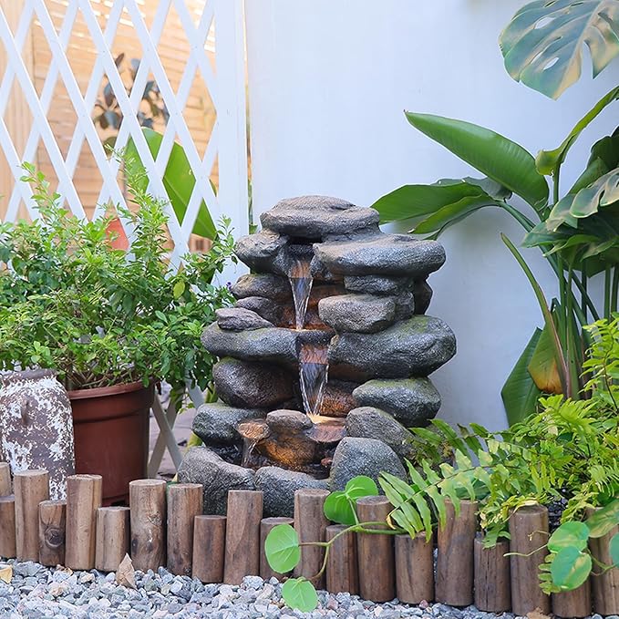 Water Features Outdoor Patio 6-Tier Cascading Rock Water Fountain 31.5''Water Fall