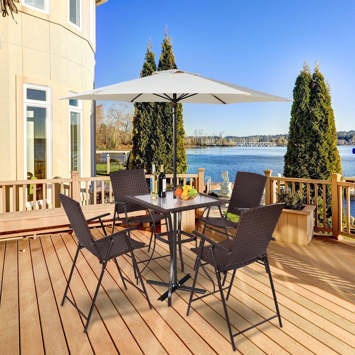 5 Pieces Patio Dining Set, 4 Folding Wicker Sling Chairs and Square Glass Top Table Set