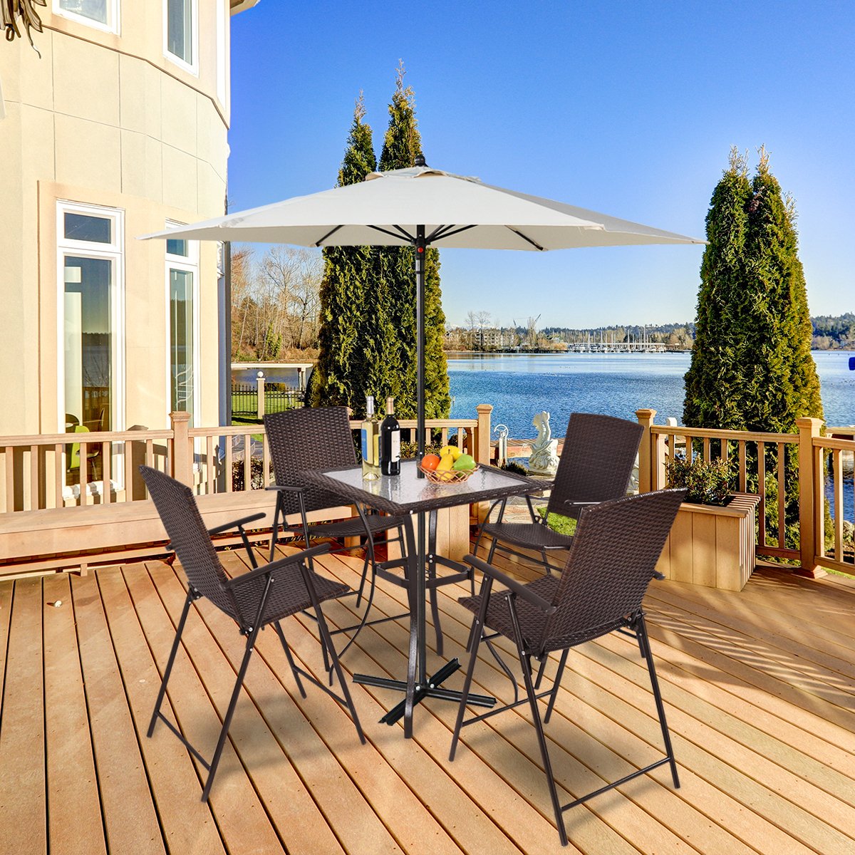 5 Pieces Patio Dining Set, 4 Folding Wicker Sling Chairs and Square Glass Top Table Set