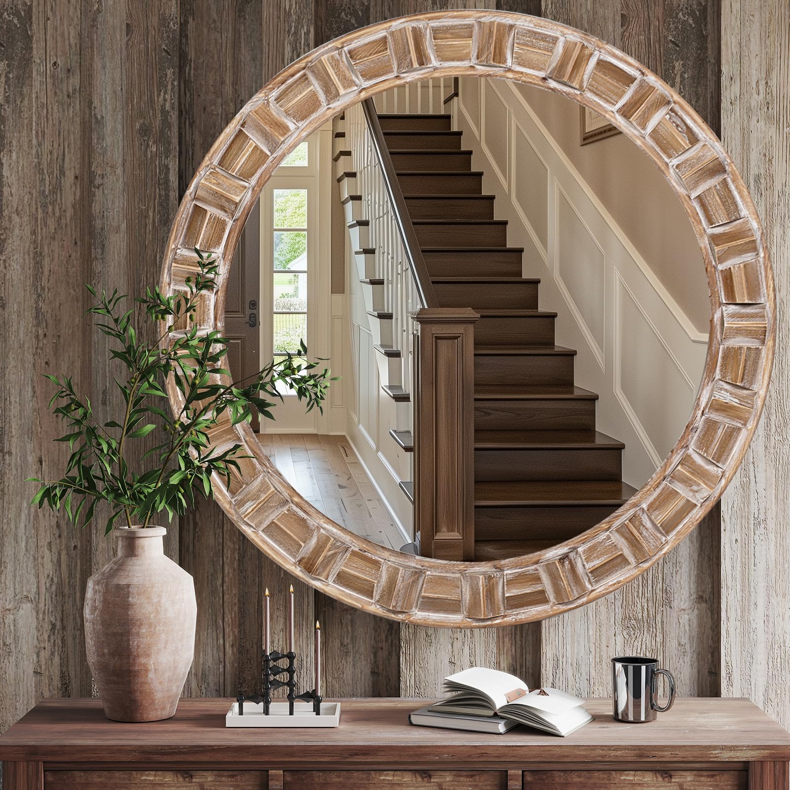 30 Inch Round Wood Mirror Boho Entryway Rustic Decorative Farmhouse Mirrors