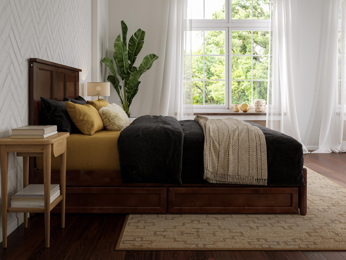 Felicity Full Platform Bed with Panel Footboard and Storage Drawers, Walnut