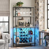 Wine Cabinet with Power Outlets & LED Lights, 5-Tier Industrial Wine Bar Cabinet