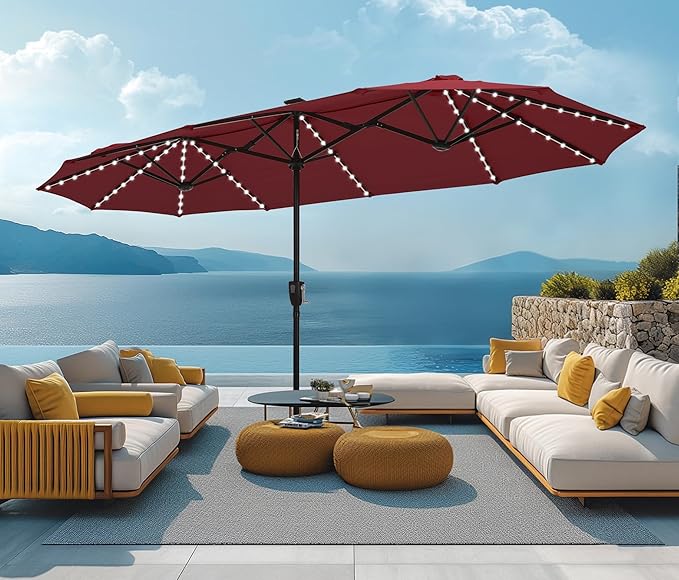 Double-Sided Patio Umbrella with Solar Lights, Outdoor Table Rectangular Umbrellas