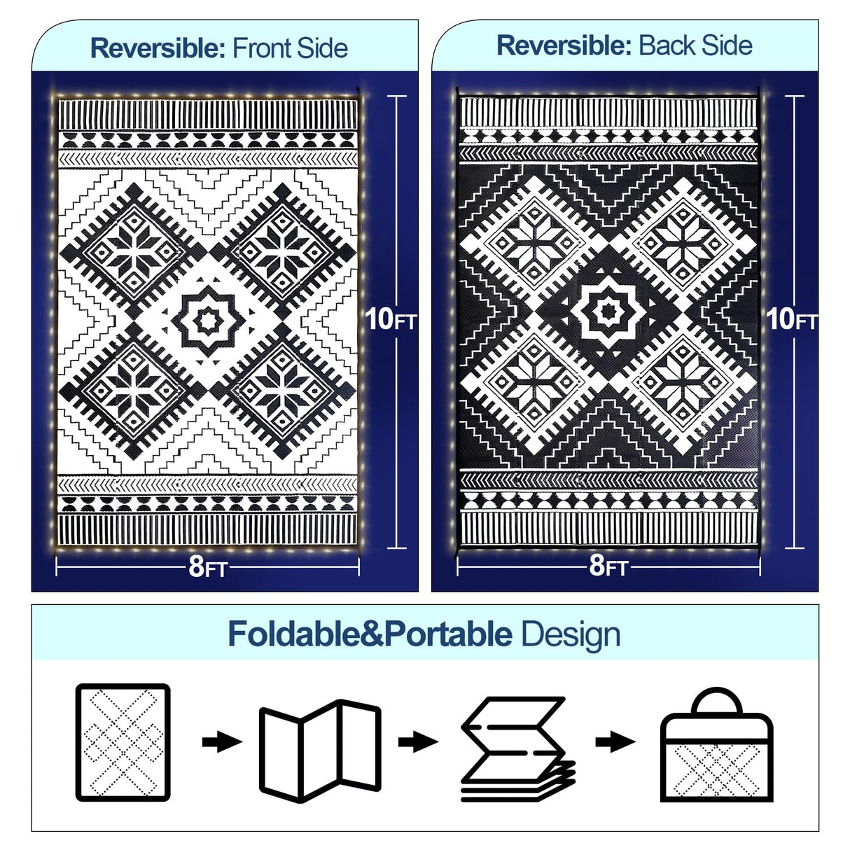 Outdoor Rug Mat with Led Strip Lights for Patio, 8x10ft Waterproof Reversible