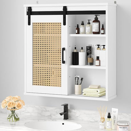 Bathroom Cabinet Wall Cabinet, Rattan Medicine Cabinet with Sliding Barn Door