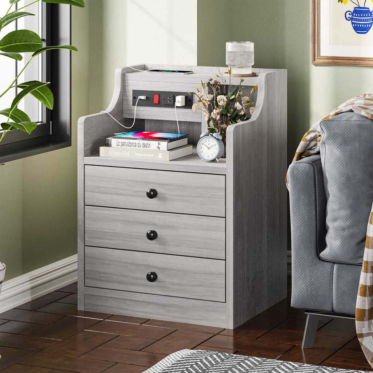 Nightstand Set 2,Gray Nightstand with Charging Station & Hutch