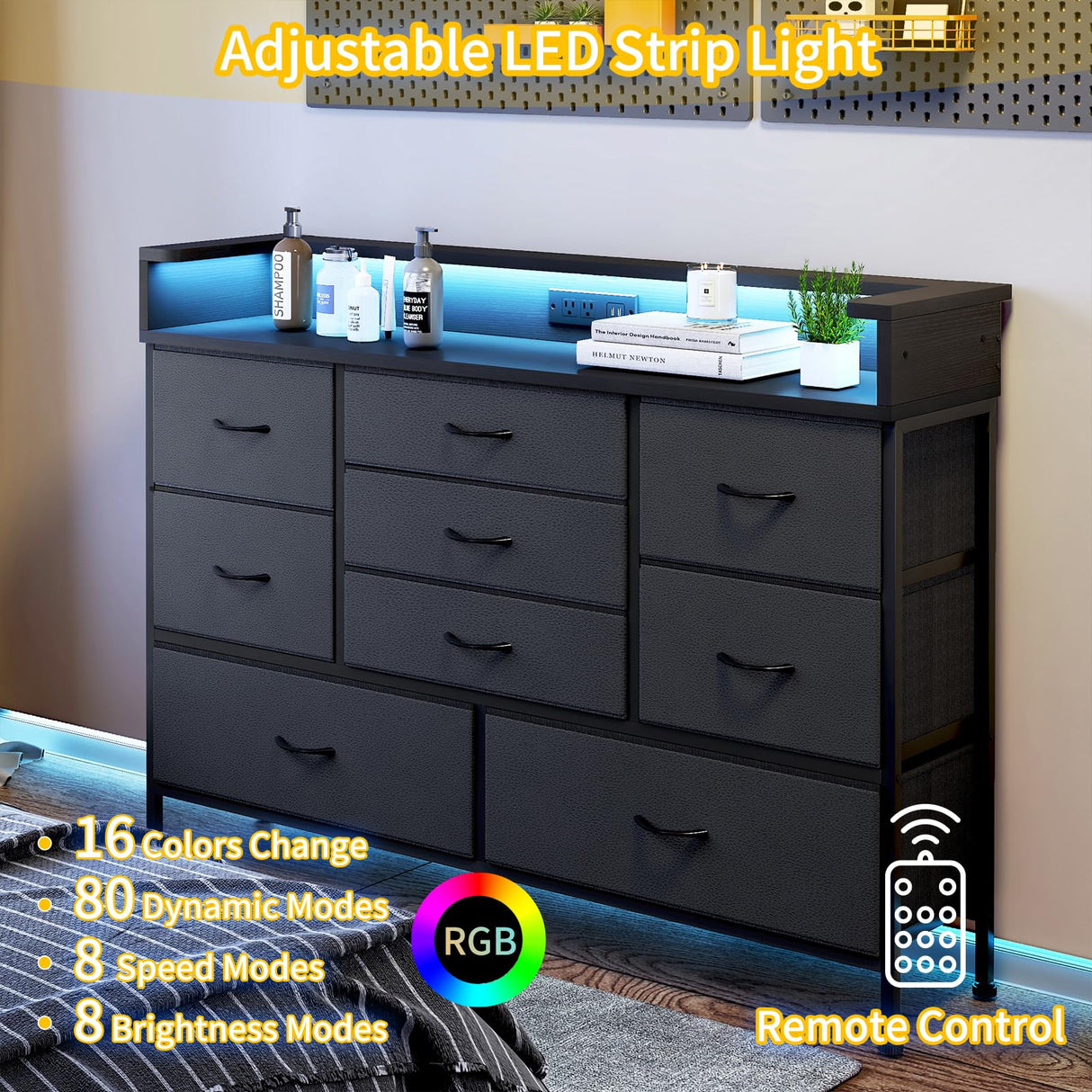 Black LED Dresser for Bedroom, Dresser with 9 Drawers and Charging Station