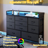 Black LED Dresser for Bedroom, Dresser with 9 Drawers and Charging Station