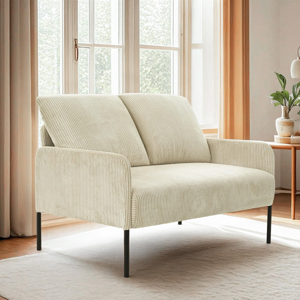 44" W Beige Loveseat Sofa Chair, 2-Seater Modern Corduroy Couch with Pillows