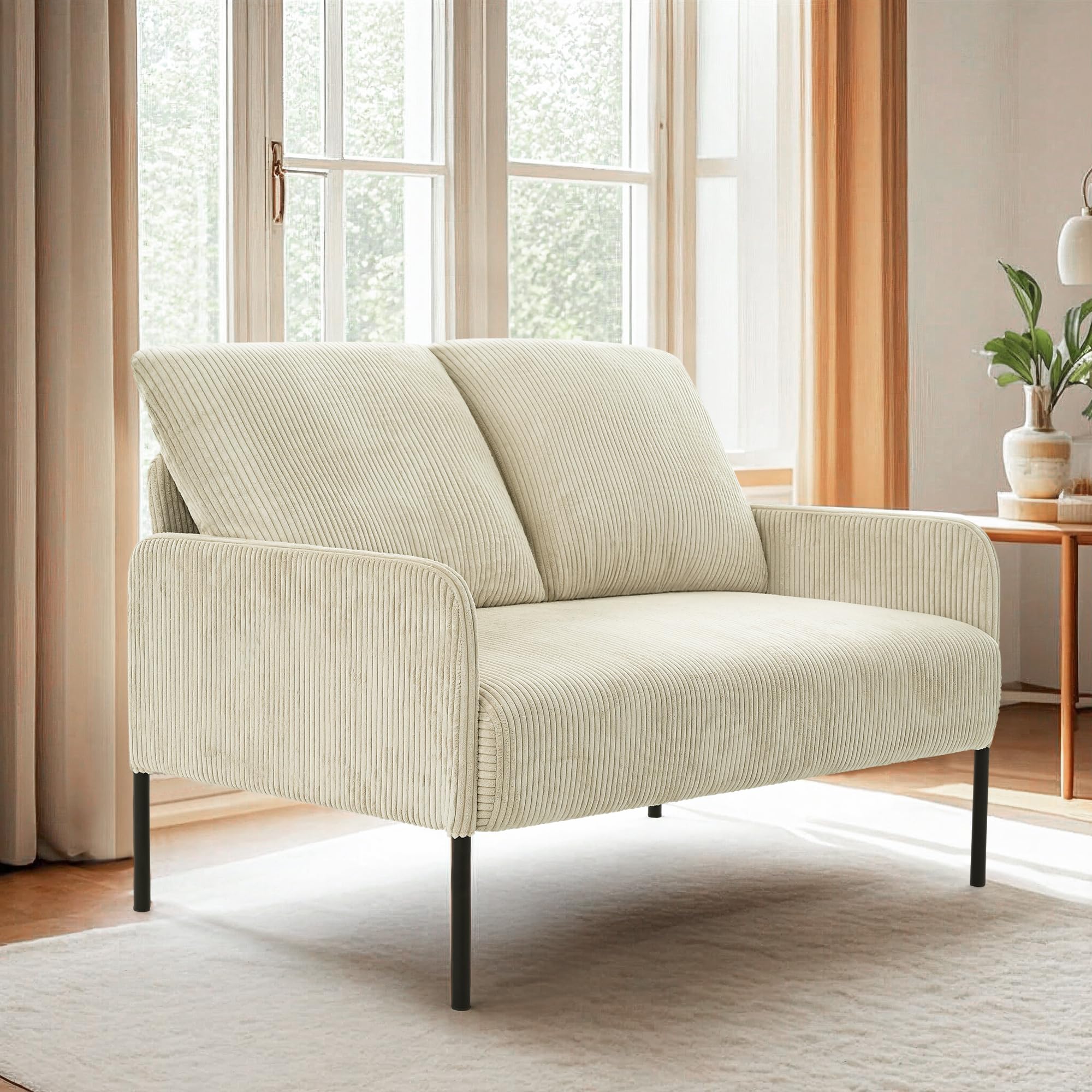 44" W Beige Loveseat Sofa Chair, 2-Seater Modern Corduroy Couch with Pillows