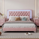 Queen Size Upholstered Bed Frame with LED Lights,Modern Velvet Platform Bed