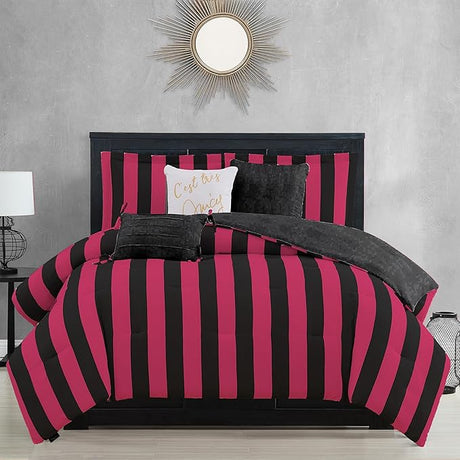 Cabana Stripe Reversible Bedding Set - Queen Size - Black and White Stripe Print – 6