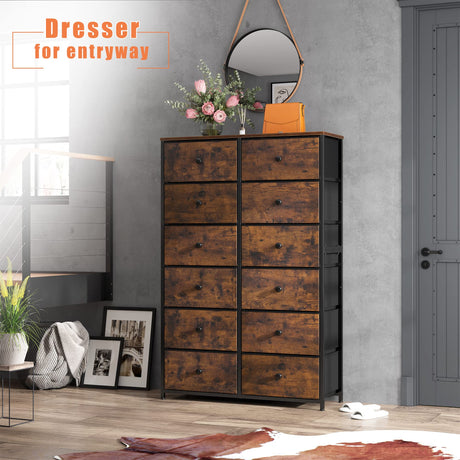 EnHomee 12 Drawer Dresser with Wooden Top and Metal Frame, Tall Fabric Dresser & Chest of Drawers for Bedroom Closet Living Room, Rustic Brown, 11.8" D x 34.7" W x 52.4" H