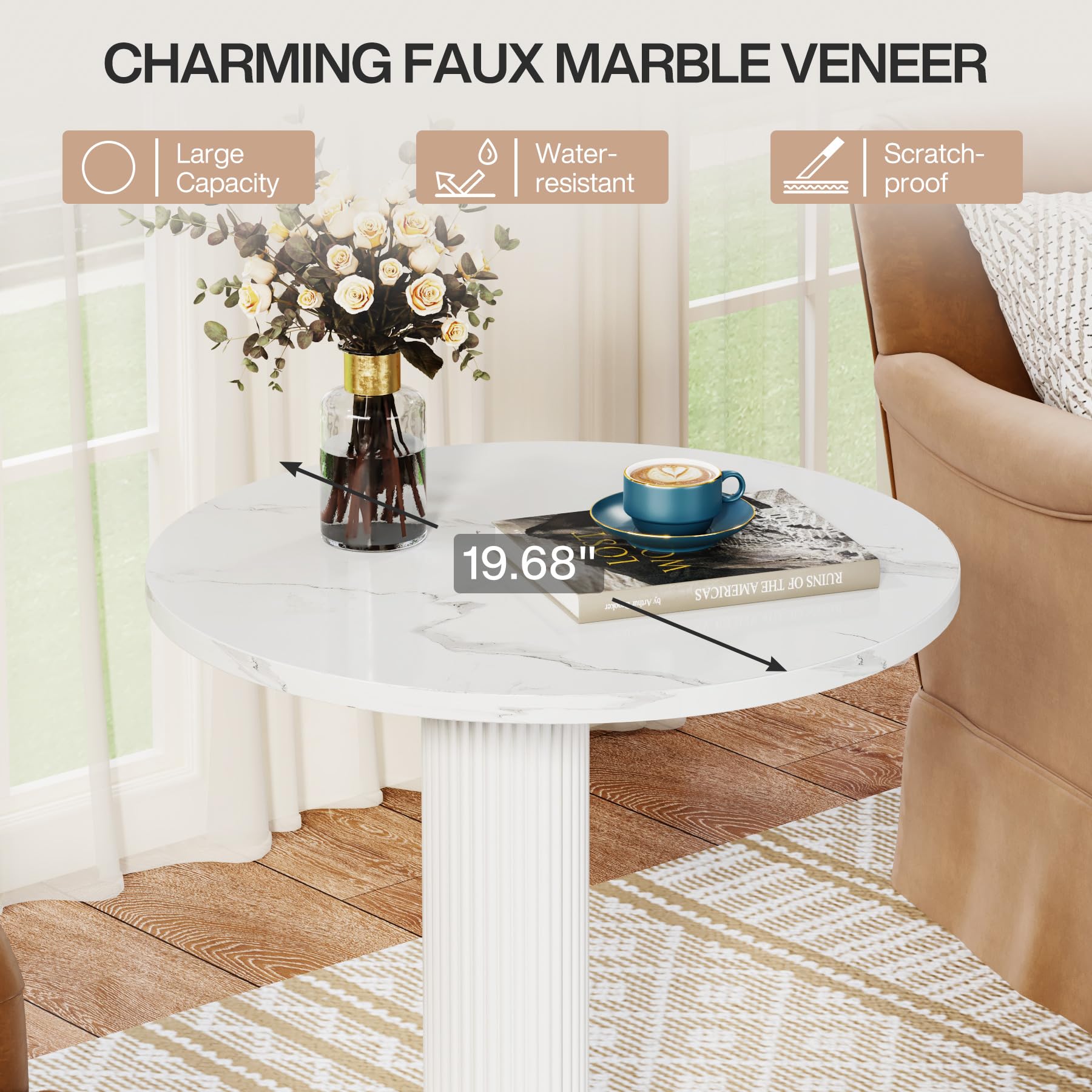 Round End Table Set, White Side Table with Faux Marble, Modern C-Shaped Nightstand