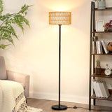 Lamps for Living Room, Rattan Boho Floor Lamp, Black Metal Floor Lamp with LED Bulb,