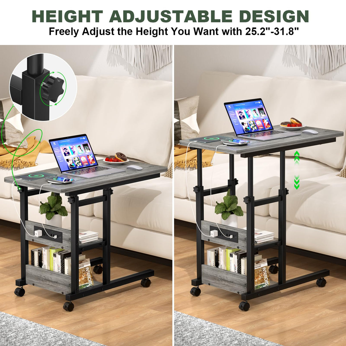 Height Adjustable C Shaped End Table with Charging Station, Mobile Laptop Side