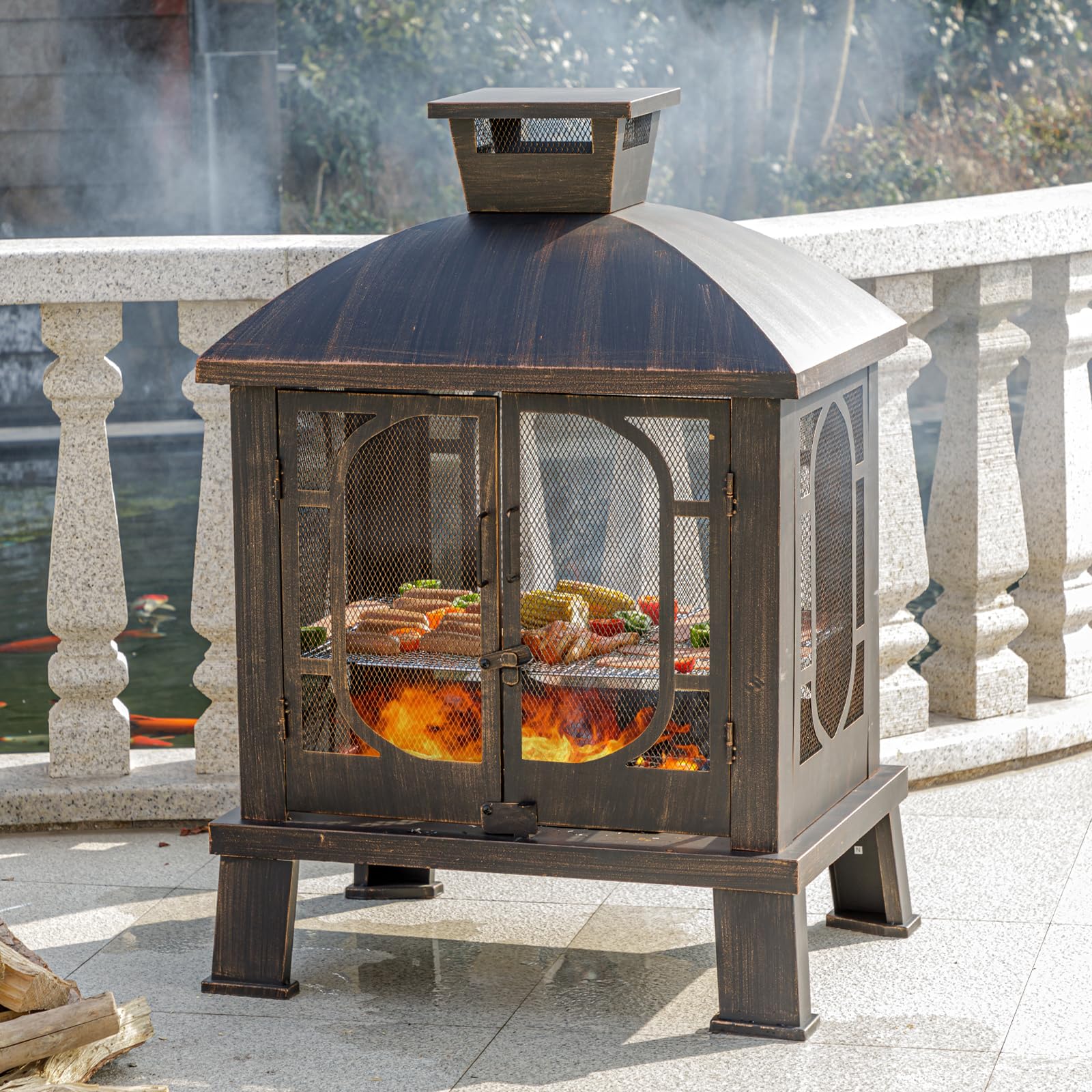 45" H×31''W Metal Chiminea Fire Pit with Grill, Wood Burning Fire Pits for Outside