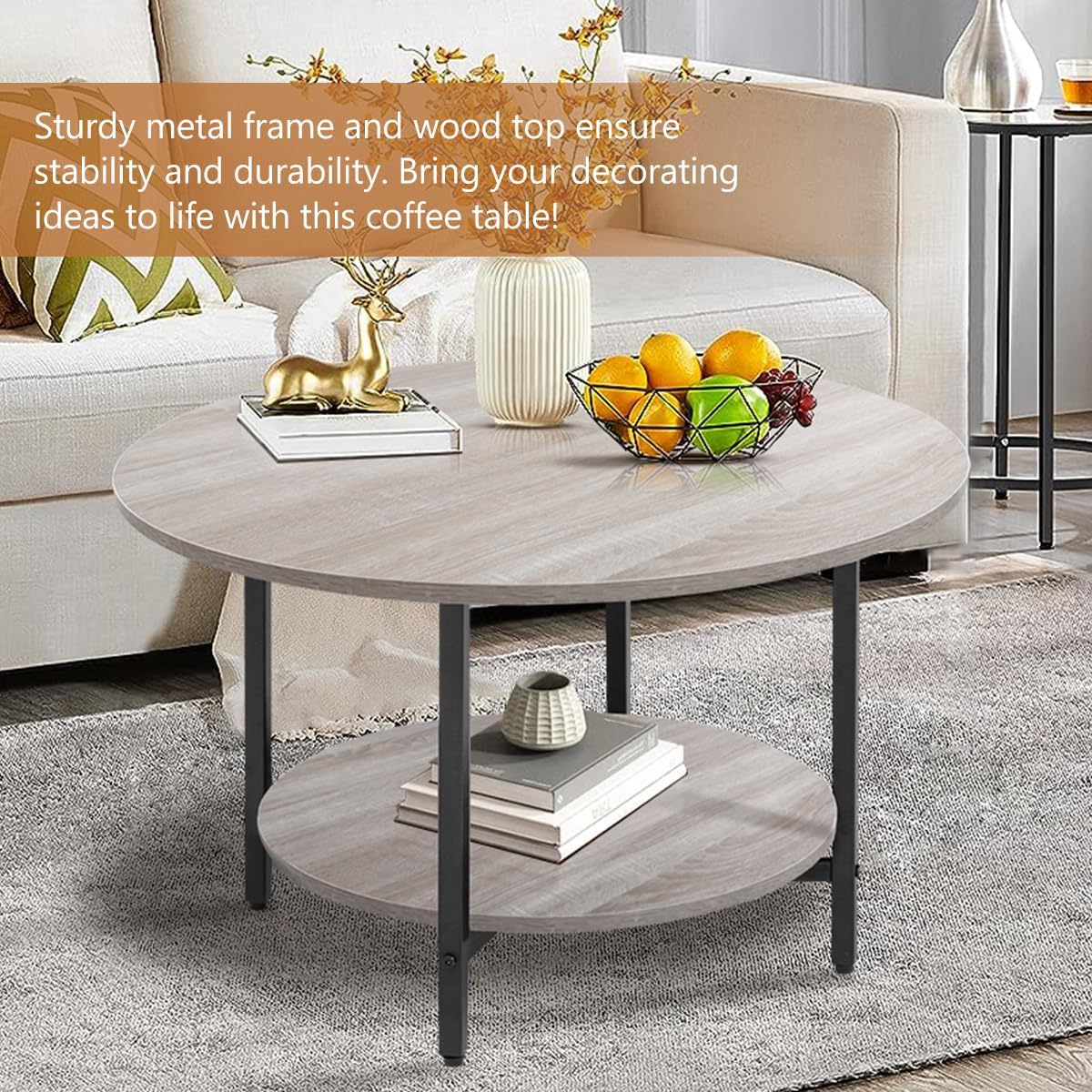 Round Coffee Tables, Accent Table Sofa Table Tea Table with Storage 2-Tier for Living Room,