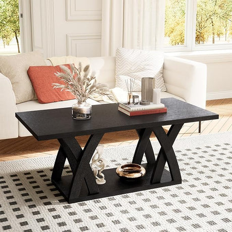 Farmhouse Coffee Table with Shelf, Wood Coffee Table for Living Room, Open Display Area