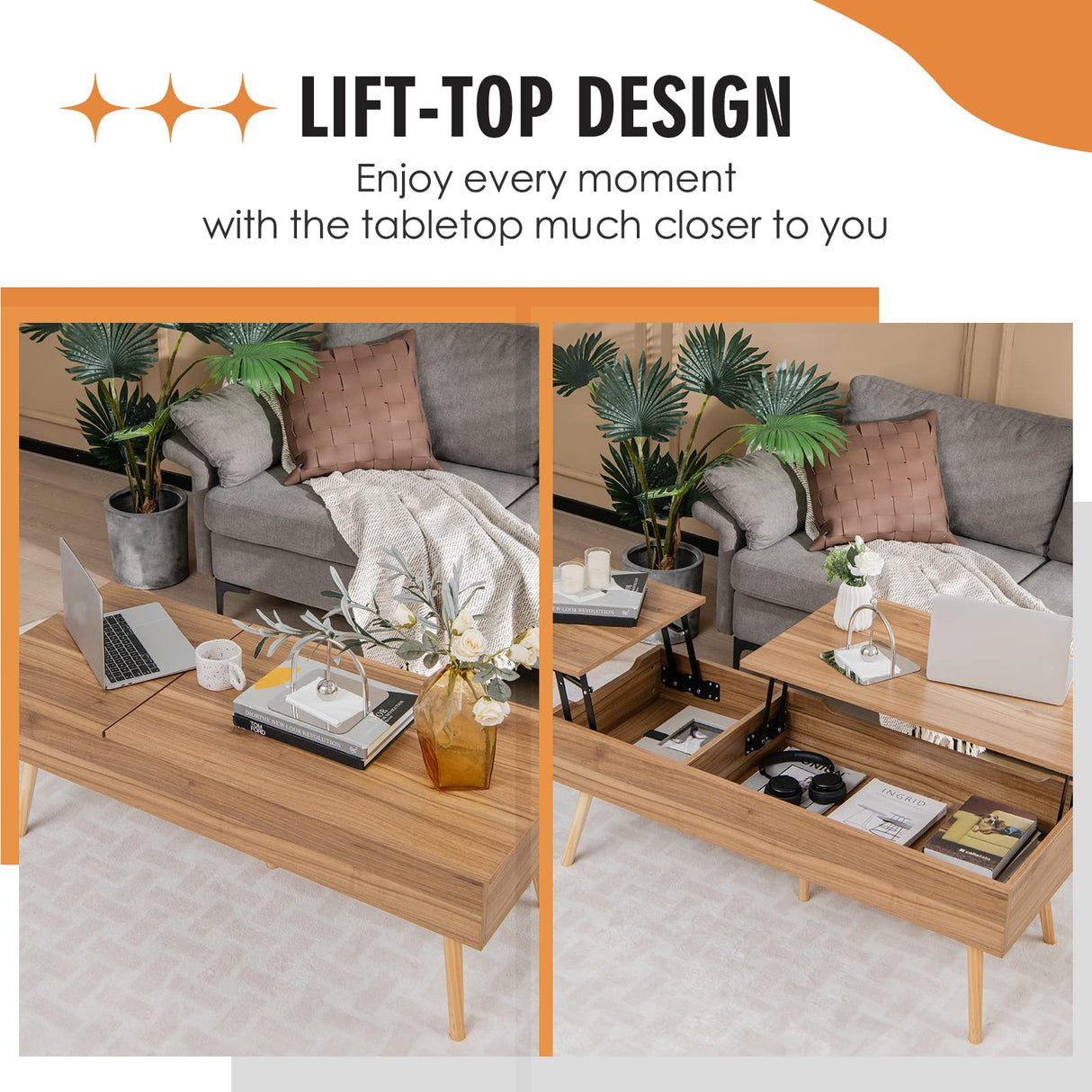 47 Inch Lift Top Coffee Table with Storage, Large Split Top Accent Table