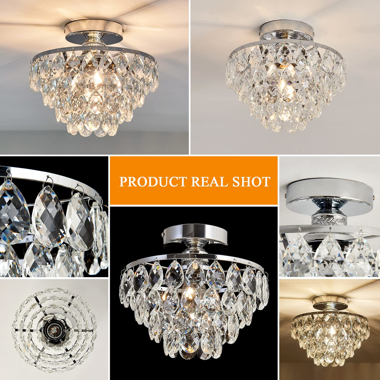 Modern E26 Small Crystal Chandelier Semi Flush Mount Ceiling Light Fixture Silver