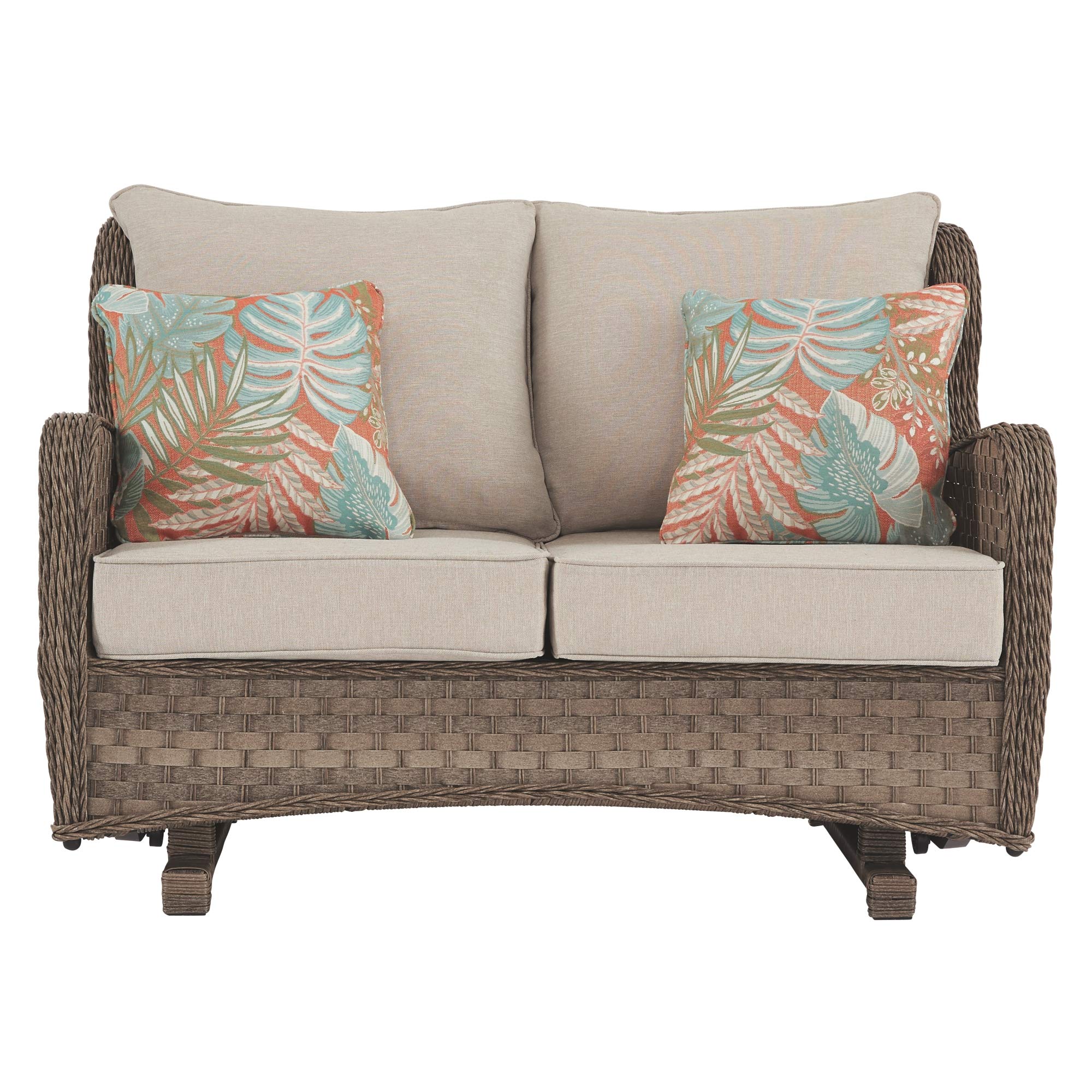 by Ashley Clear Ridge Outdoor Handwoven Wicker Cushioned Loveseat Glider with 2 Throw Pillows, Light Brown