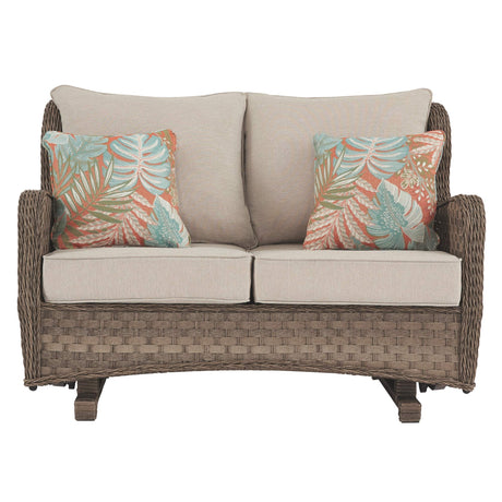 by Ashley Clear Ridge Outdoor Handwoven Wicker Cushioned Loveseat Glider with 2 Throw Pillows, Light Brown