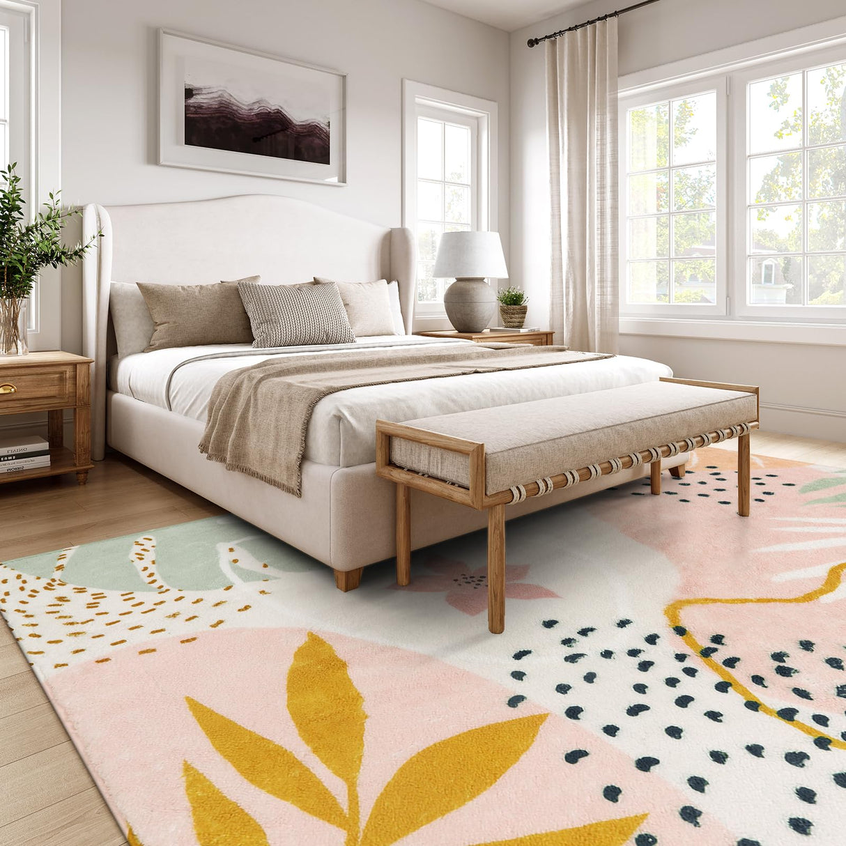 Pink Washable Rugs 8x10 - Non-Slip Backing Large Living Room Carpet Low Pile