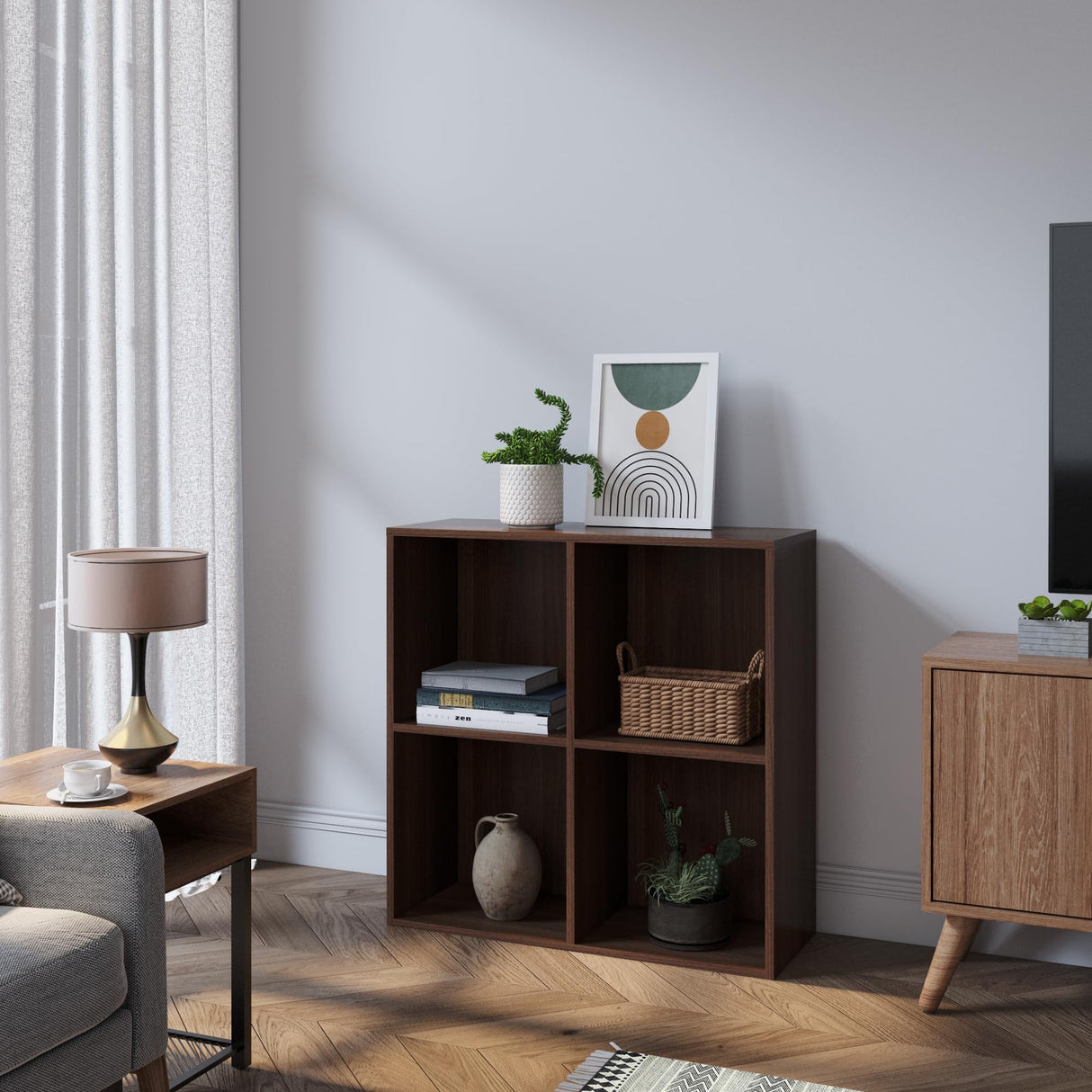 Bookcase, 4 Cube Open Storage Organizer Display Bookshelf, HOFB017