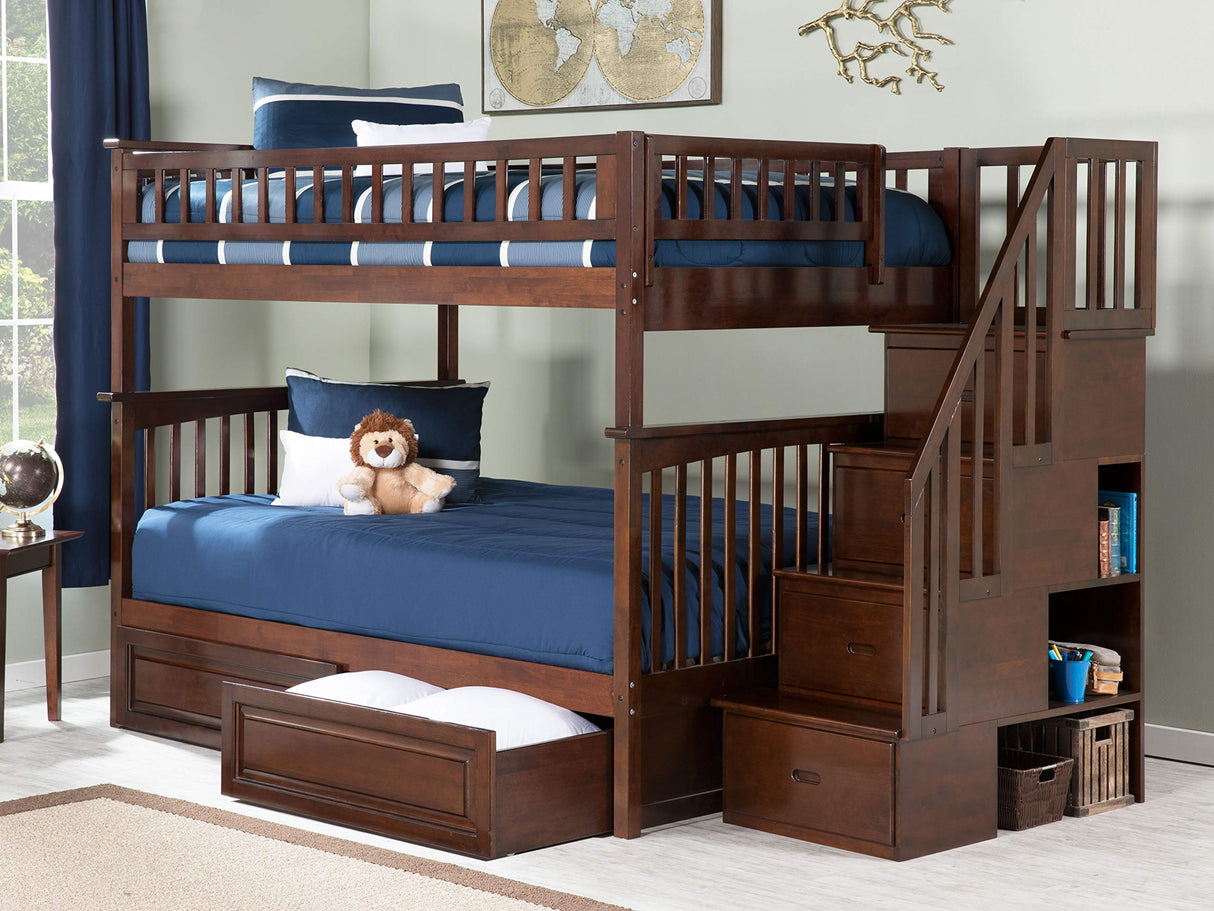 Columbia Full Over Full Size Staircase Bunk Bed with Raised Panel Bed Drawers in Walnut