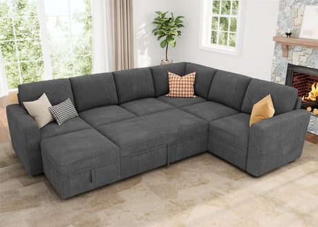 Modular Sectional Couch with Pull Out Bed, Corduroy Sleeper Sofa