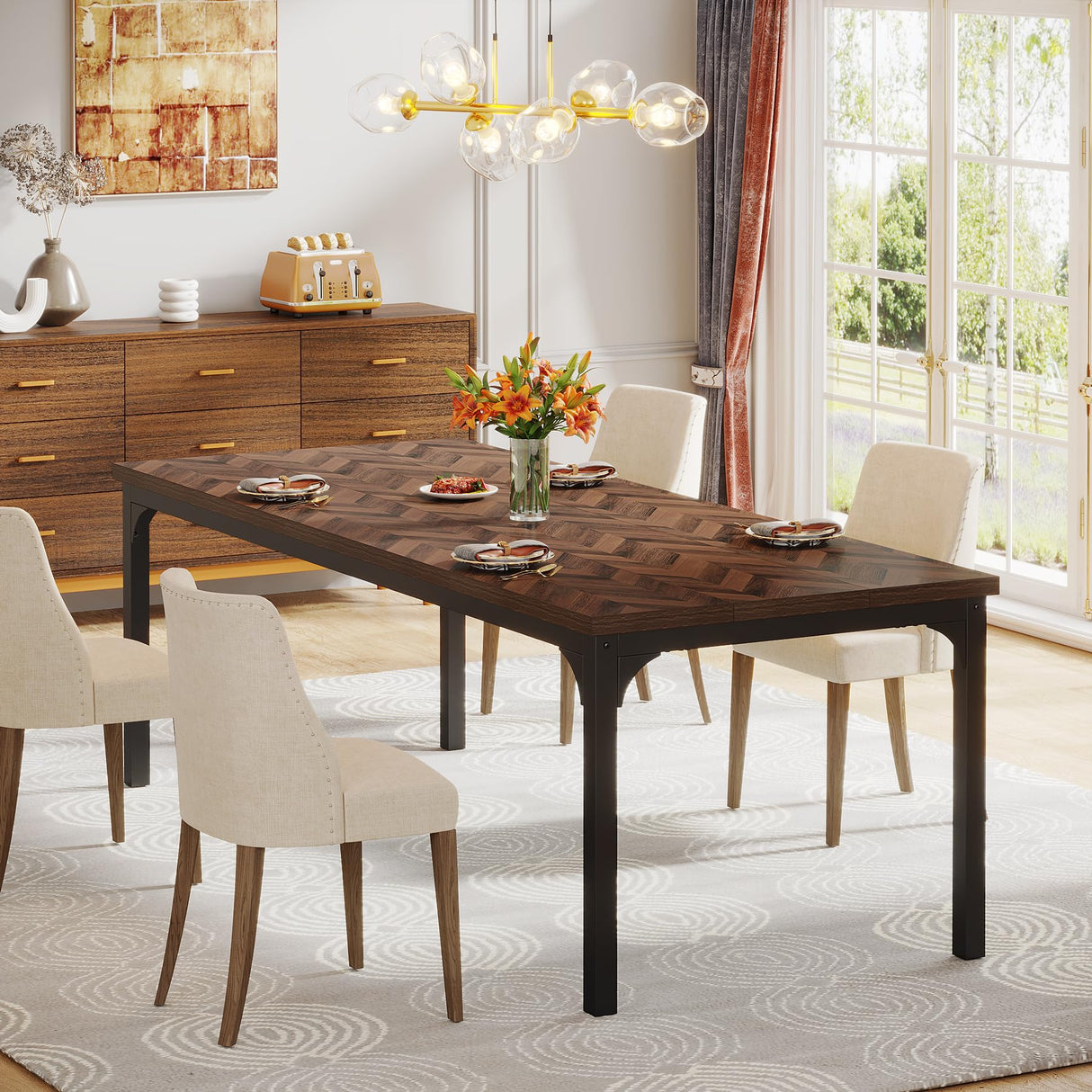 Farmhouse Dining Table for 6-8, 70.9 Inch Rectangular Wood Kitchen Table with Heavy Duty Metal Legs