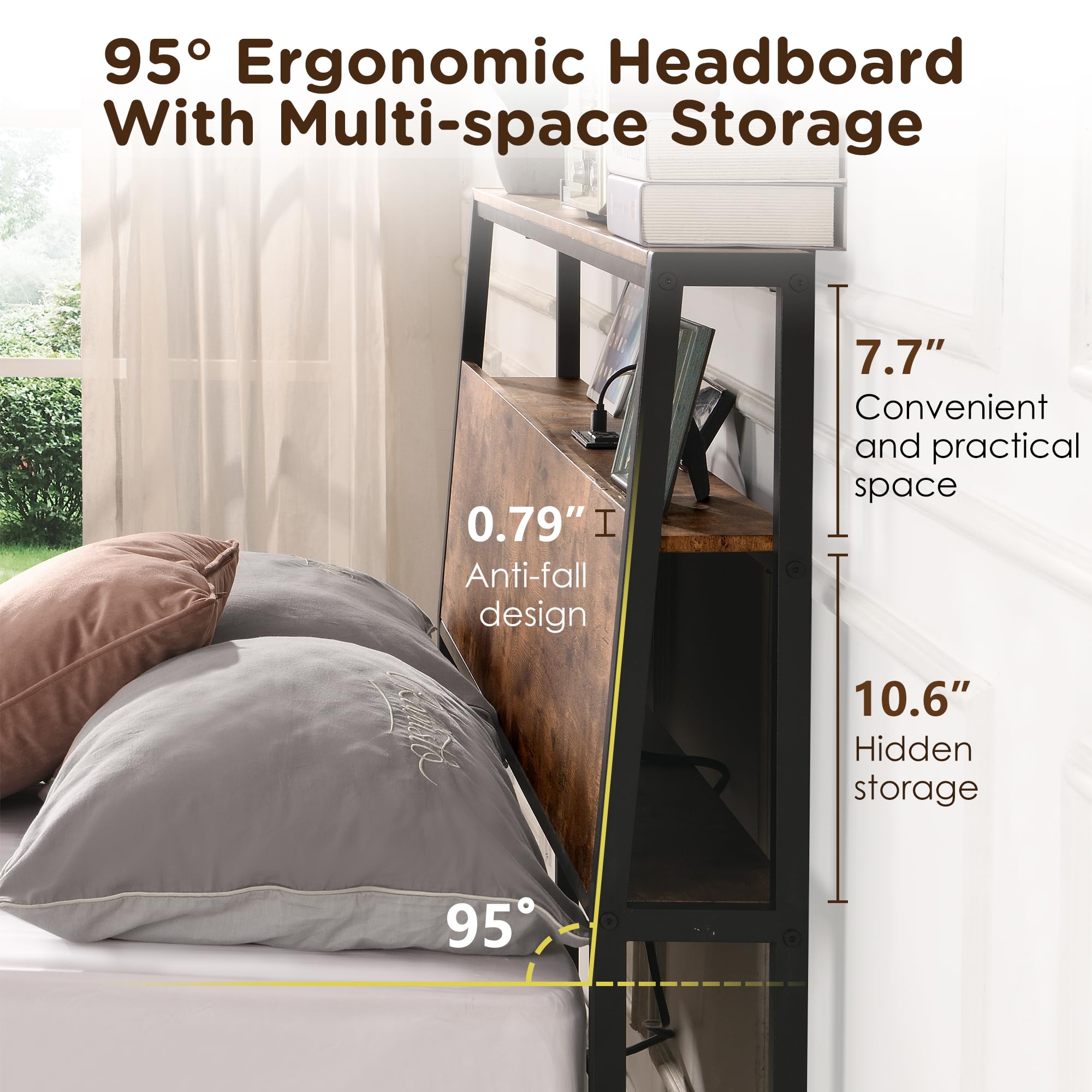 Queen Size Bed Frame with Ergonomic Headboard, Platform Bed Frames Queen