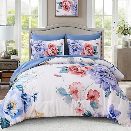 Set Queen Size 7 Pieces Bed in a Bag,Pink Flower Pattern Comforter