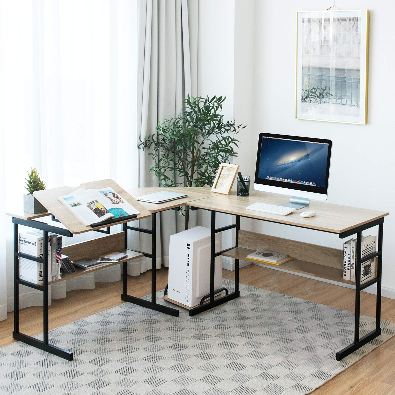 67 Inches L-Shaped Office Desk, Corner Computer Desk with Bottom Bookshelves & CPU Stand, Drafting Drawing Table with Tiltable Desktop, Corner Computer Workstation Home Office Desk