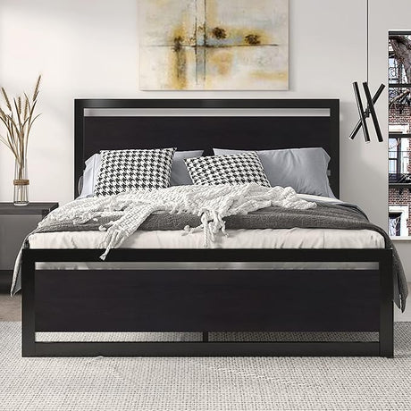 Queen Size Metal Platform Bed Frame with Wooden Headboard/Heavy Duty Strong