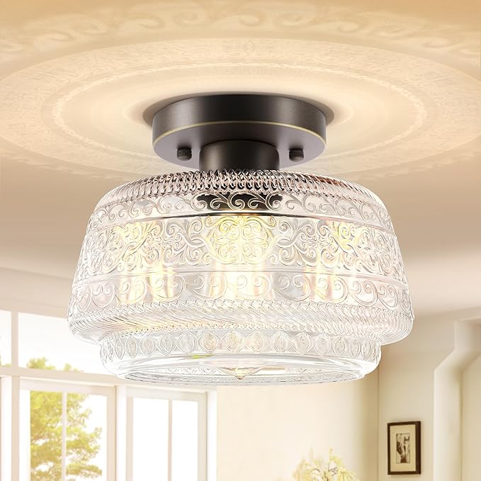 Semi Flush Mount Ceiling Light, Globe Glass Ceiling Light Fixture, Black Close to Ceiling