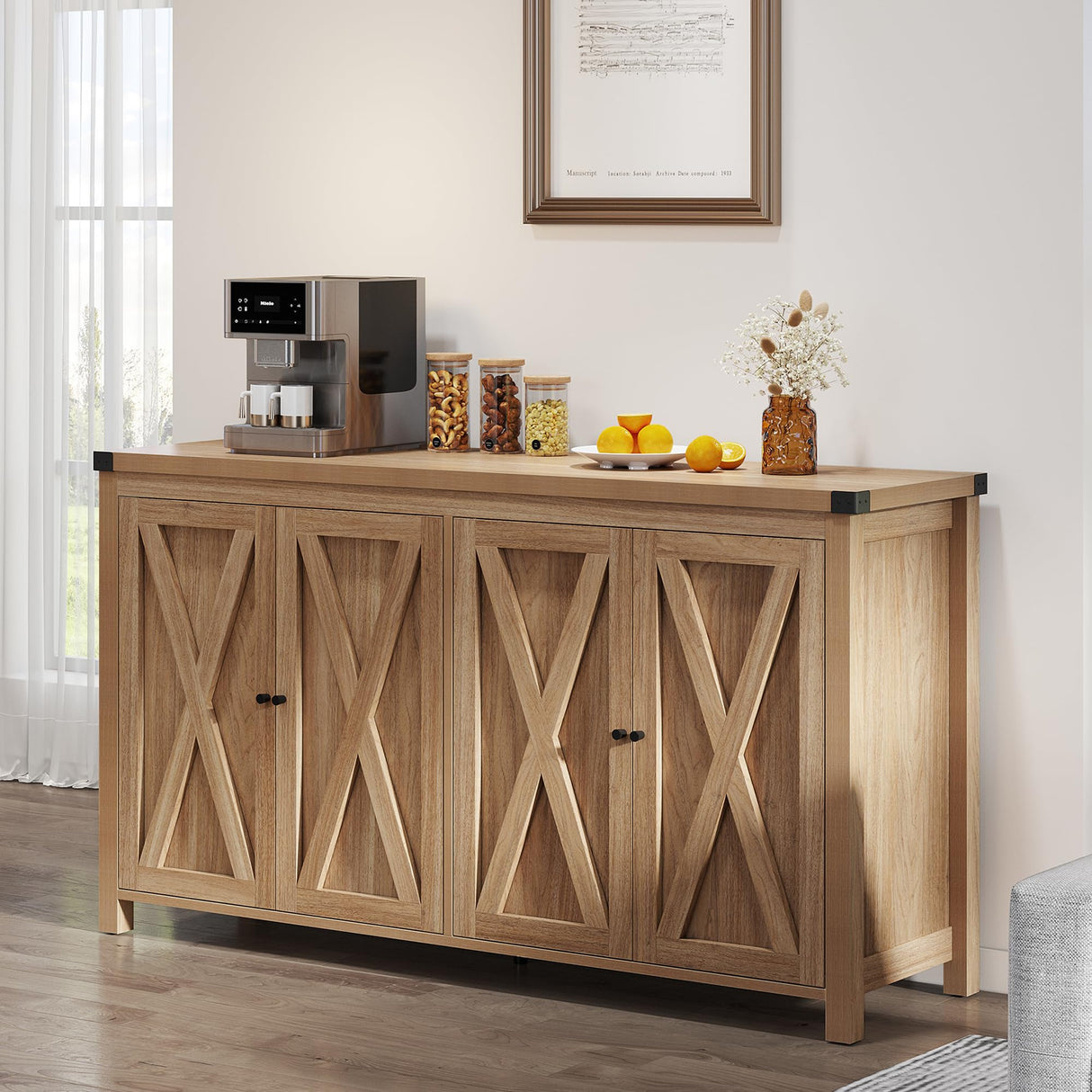 Farmhouse Sideboard Buffet Cabinet with Storage with 4 Doors, 55'' Large Kitchen Storage Cabinet,