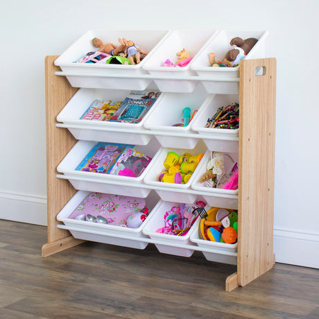 Natural Wood/White Kids Toy Organizer with 12 Storage Bins & 4 tier