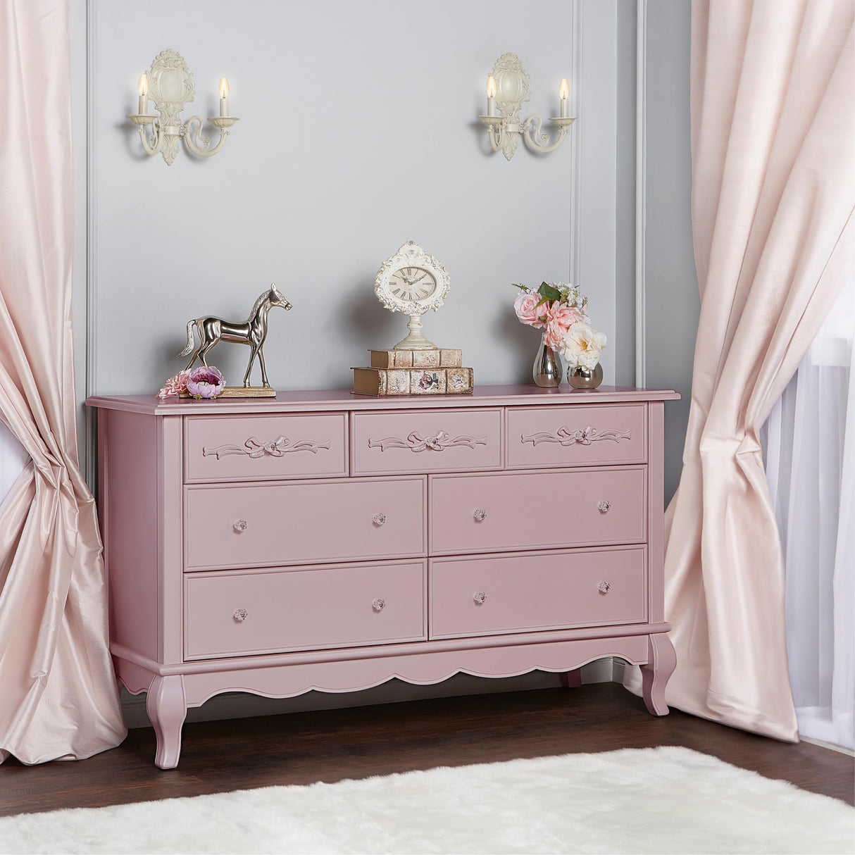 Evolur Aurora 7 Drawer Double Dresser, Dusty Rose