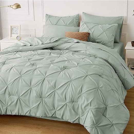 Bed in a Bag Queen 7 Pieces, Pintuck Bedding Sets Light Blue