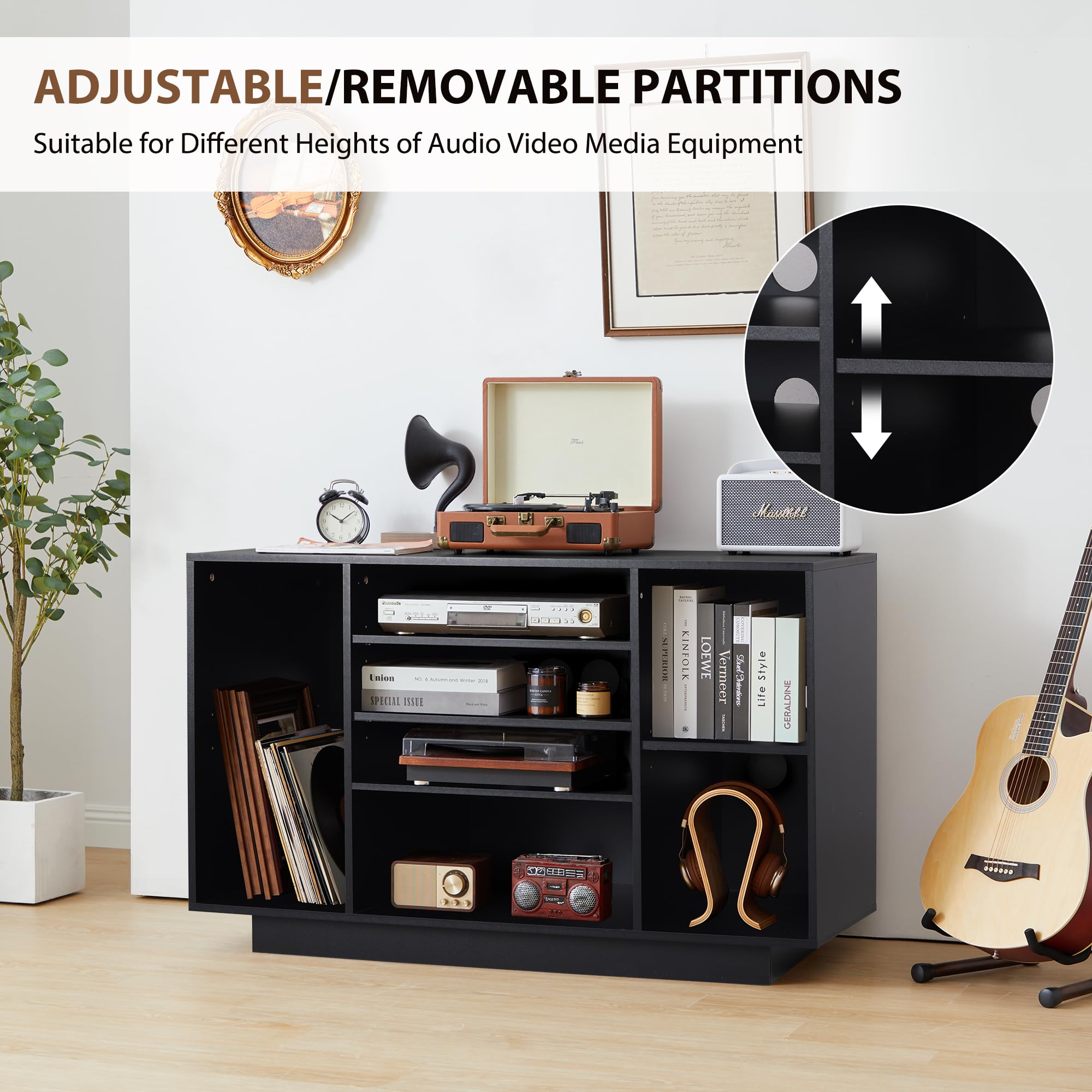 Media Cabinet, 5-Tier Shelves Media Console with 3 Hight-Adjustable Shelves
