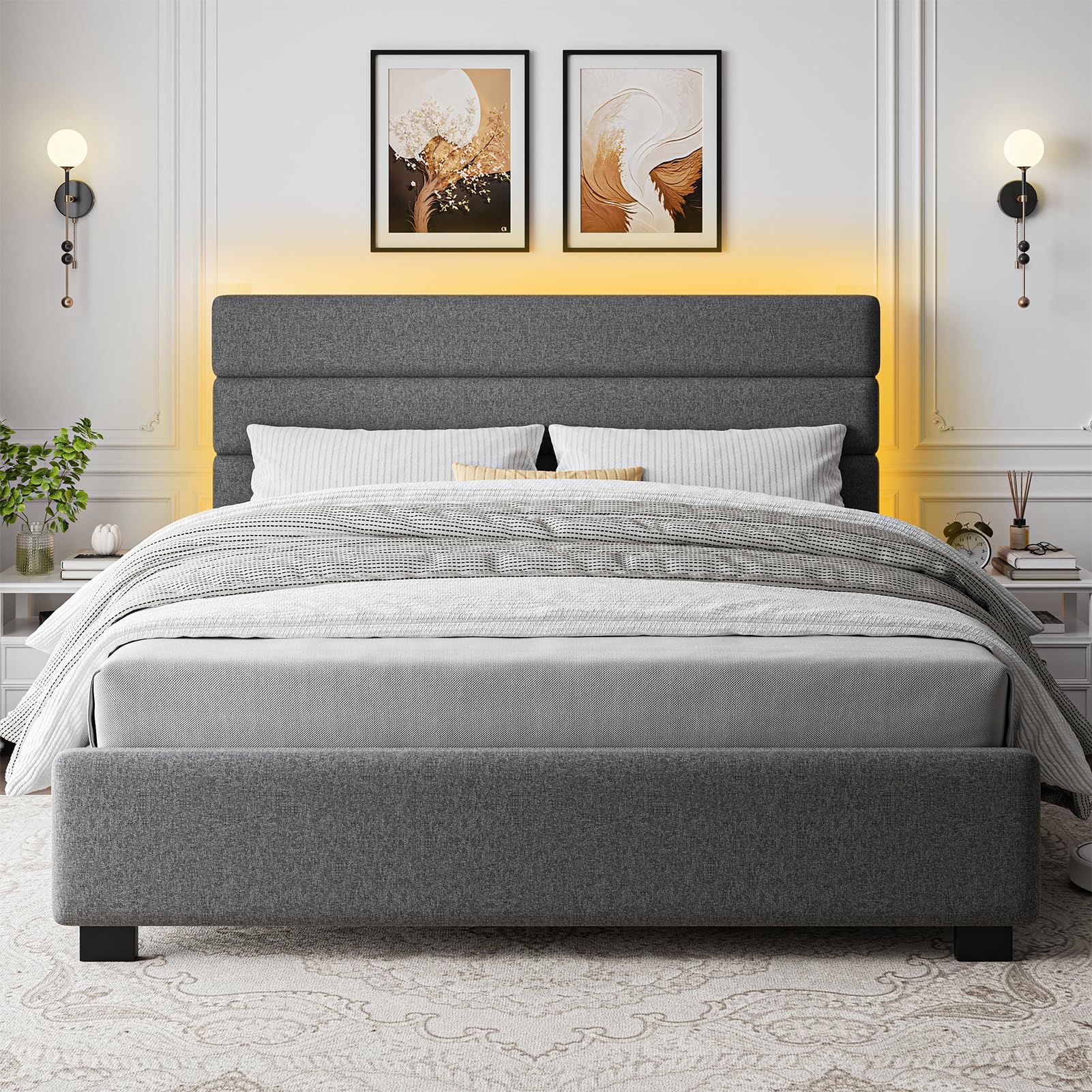 King Size Upholstered Platform Bed Frame with LED Lights