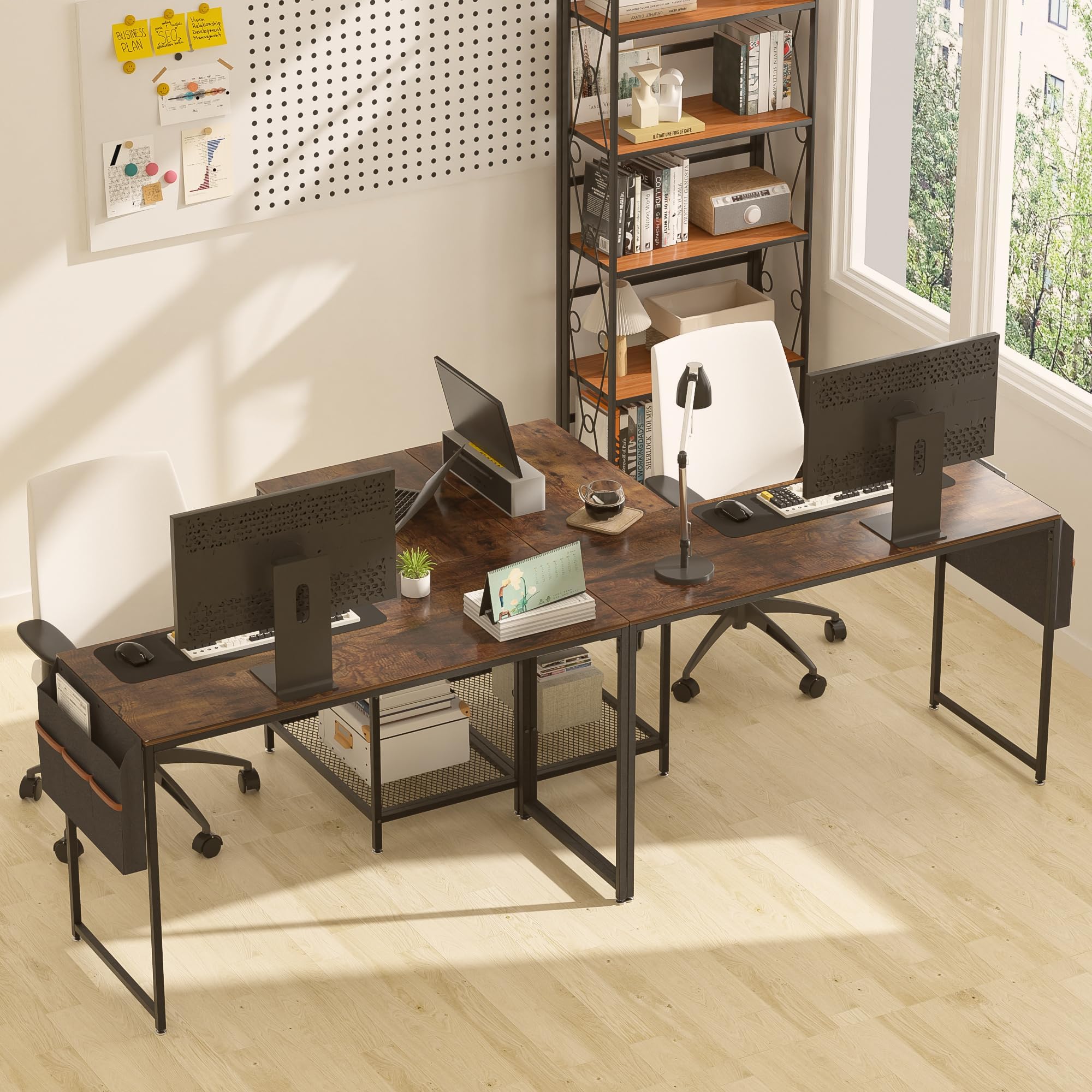 L Shaped Computer Gaming Corner Desk with Storage Bag and Shelf Home Office Table for Study Writing Room, Small Space Workstation, Rustic Brown