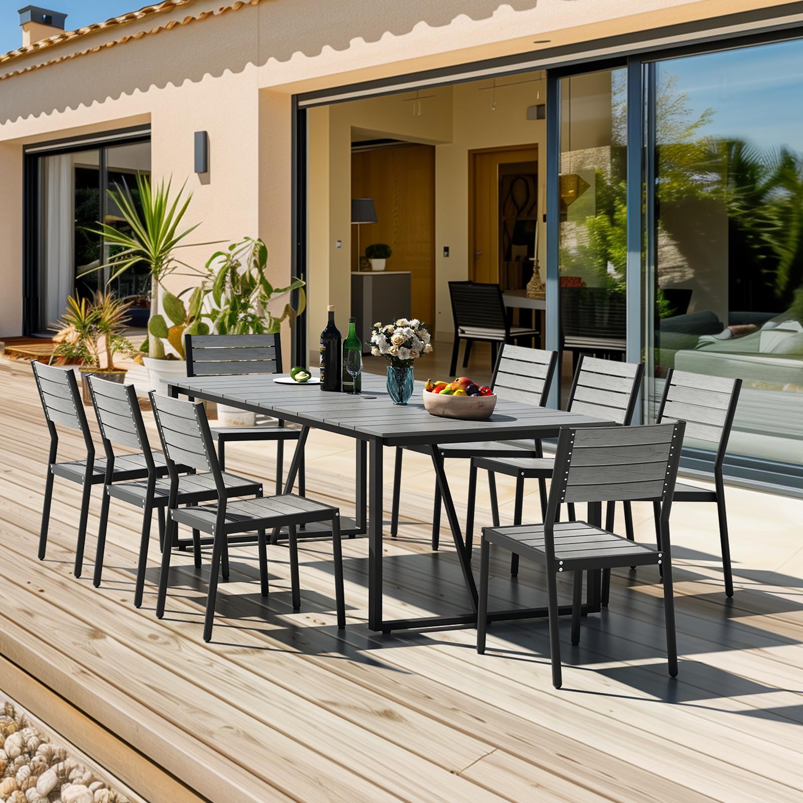 Patio Table with Umbrella Hole 83" Rectangle Indoor Outdoor Dining Table for 6-8 All Weather