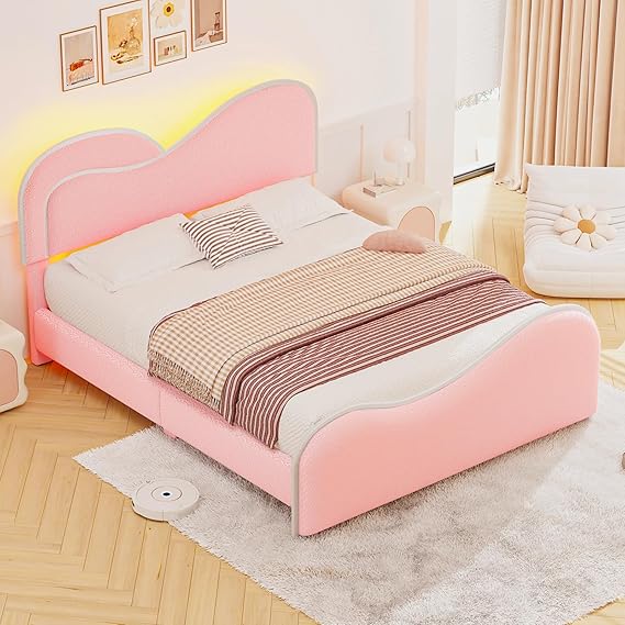 Full Platform Bed Frame with Heart Headboard & LED Lights
