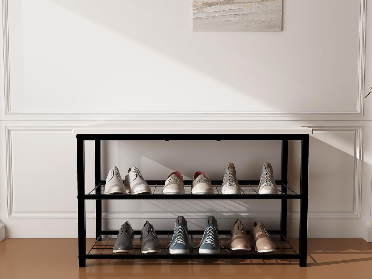 Shoe Rack Storage Bench - Bamboo Shoe Shelf with Cushioned Seat and Organizer Compartment