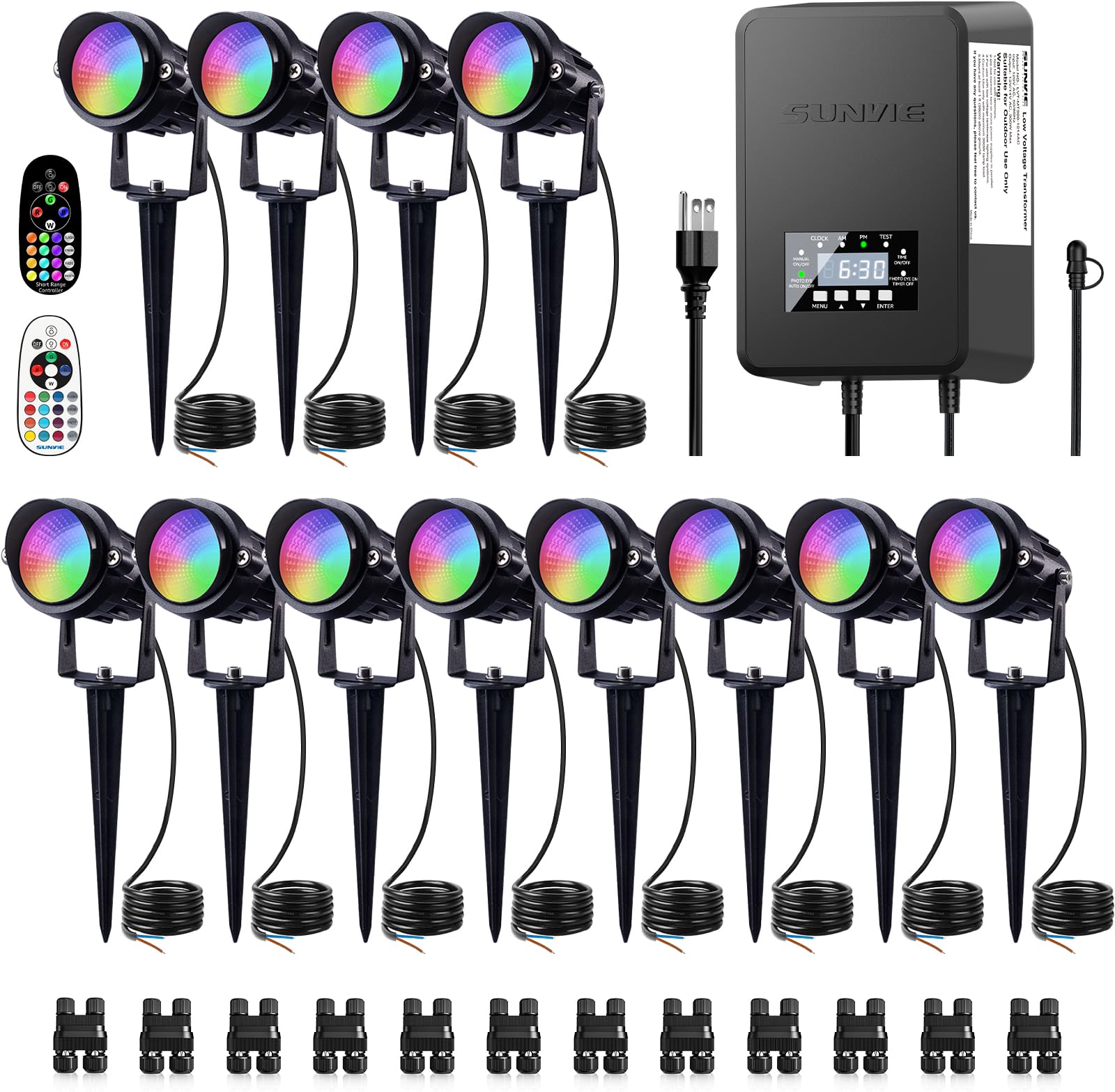 12 Pack RGBW Color Changing Landscape Lights with 300W Low Voltage